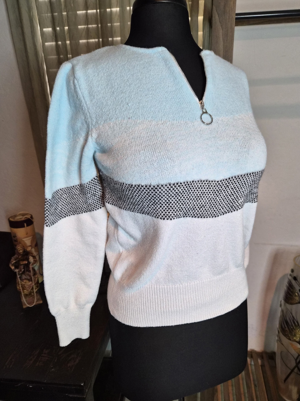 Light Blue & White 1/4 Zip-Front Women's Sweater #0262
